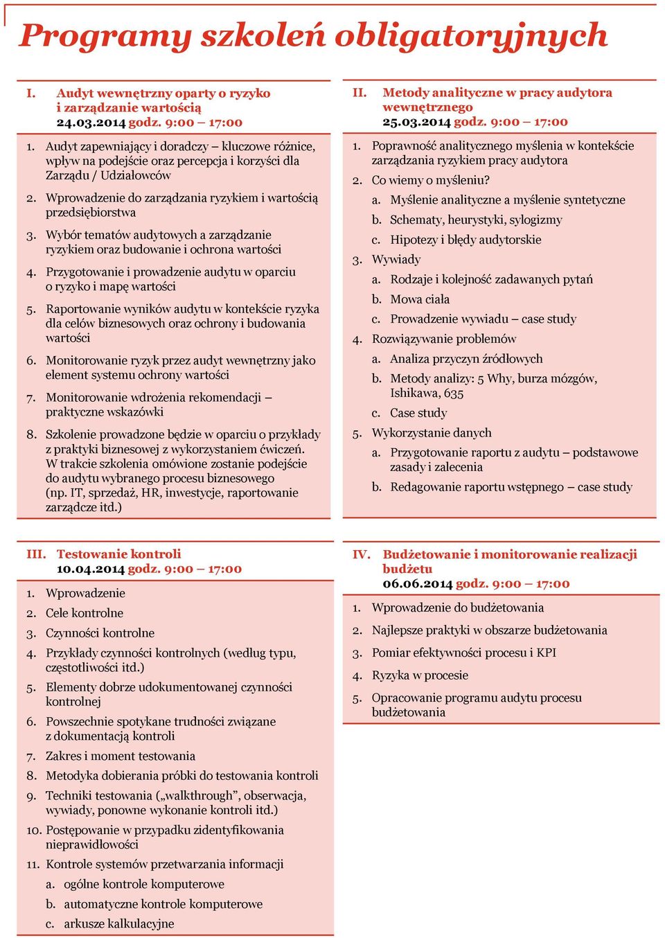 Wybór tematów audytowych a zarządzanie ryzykiem oraz budowanie i ochrona wartości 4. Przygotowanie i prowadzenie audytu w oparciu o ryzyko i mapę wartości 5.