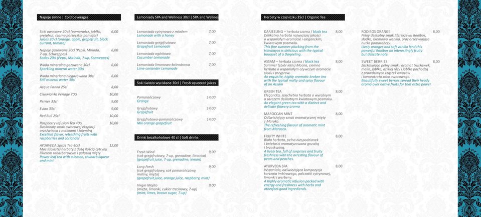 gazowana 30cl 6,00 Sparkling mineral water 30cl Woda minerlana niegazowana 30cl 6,00 Still mineral water 30cl Acqua Panna 25cl 8,00 Cisowianka Perlage 70cl 10,00 Perrier 33cl 9,00 Evian 33cl 9,00 Red