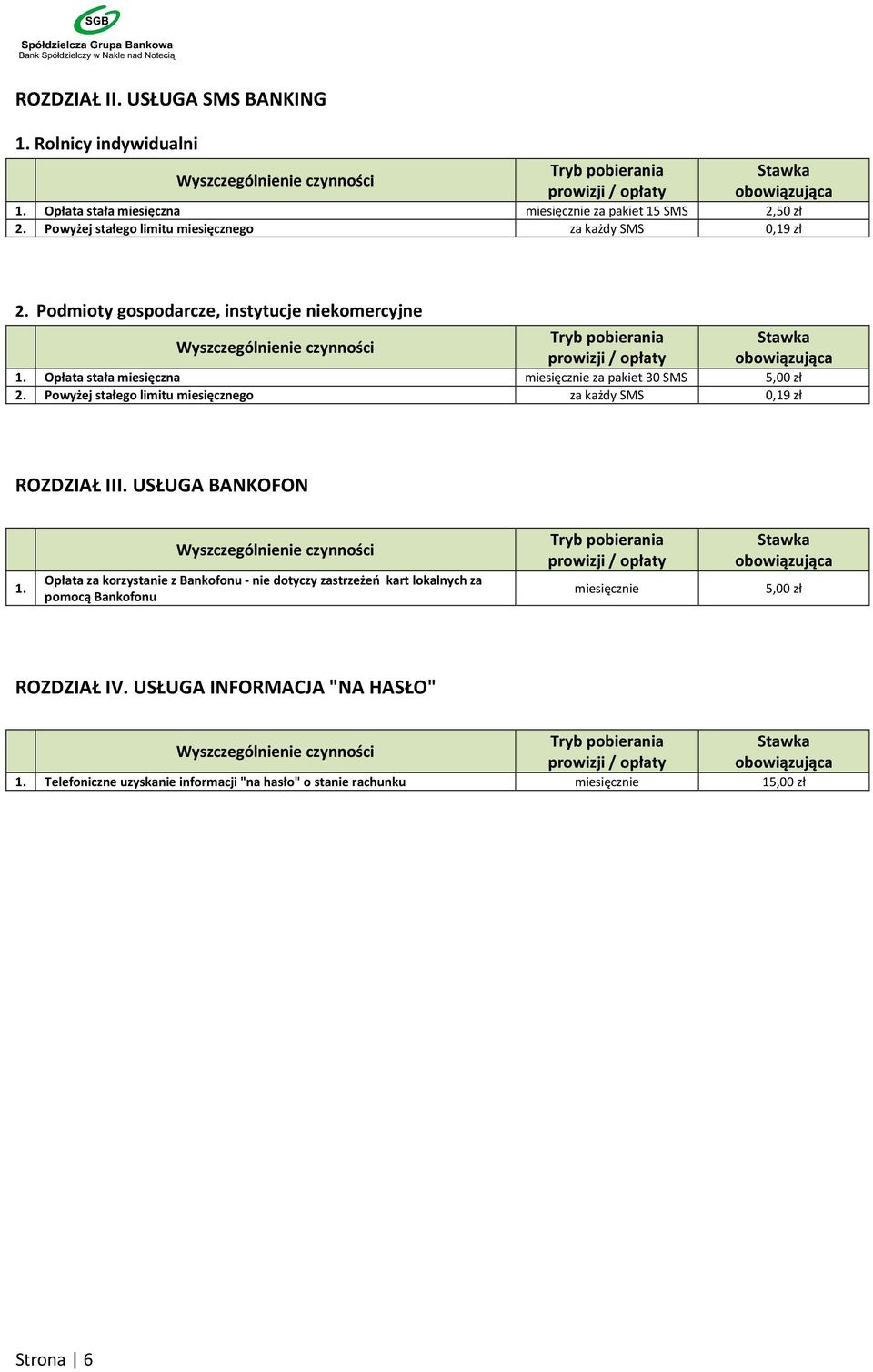 Opłata stała miesięczna miesięcznie za pakiet 30 SMS 5,00 zł 2. Powyżej stałego limitu miesięcznego za każdy SMS 0,19 zł ROZDZIAŁ III. USŁUGA BANKOFON 1.