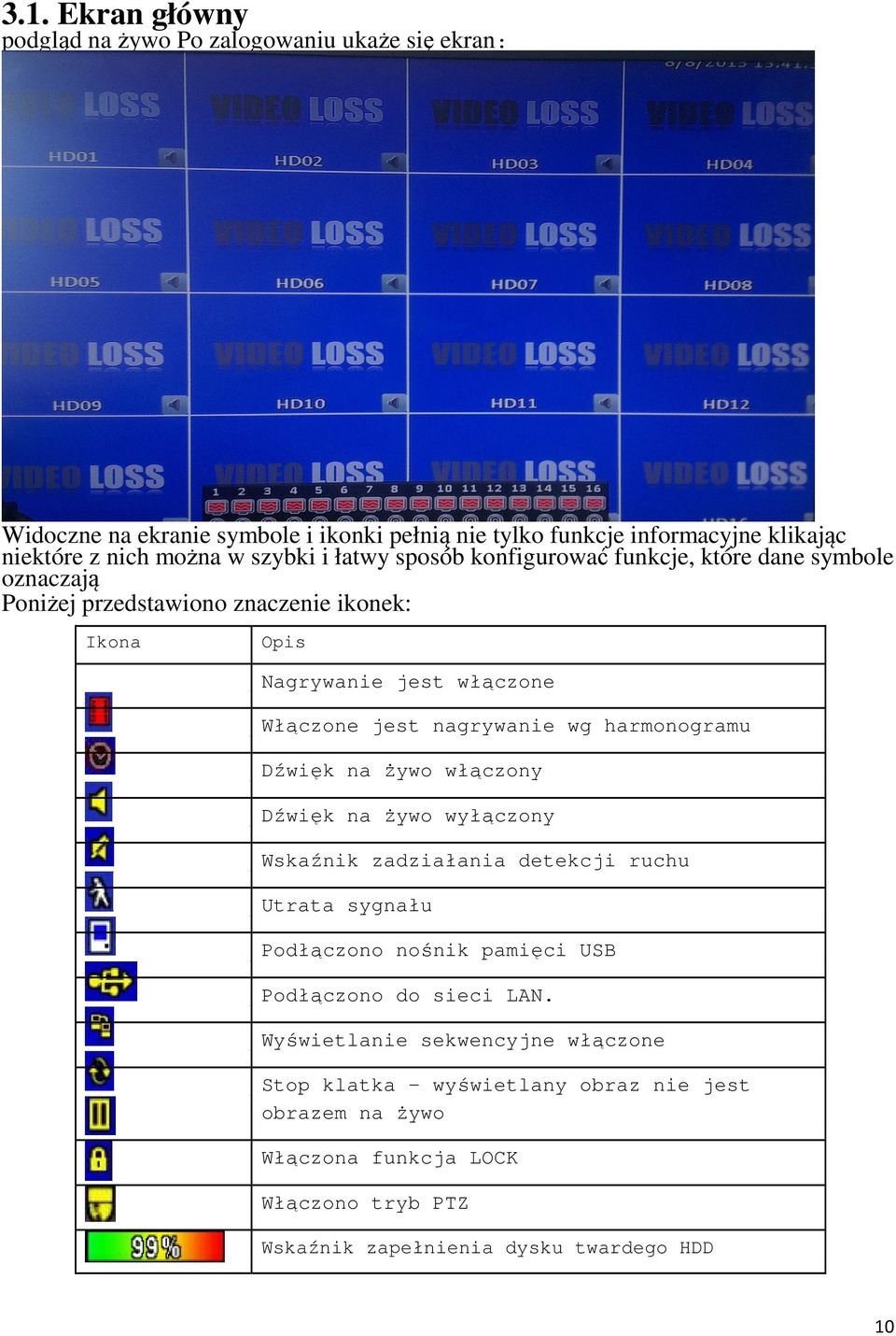 nagrywanie wg harmonogramu Dźwięk na żywo włączony Dźwięk na żywo wyłączony Wskaźnik zadziałania detekcji ruchu Utrata sygnału Podłączono nośnik pamięci USB Podłączono do