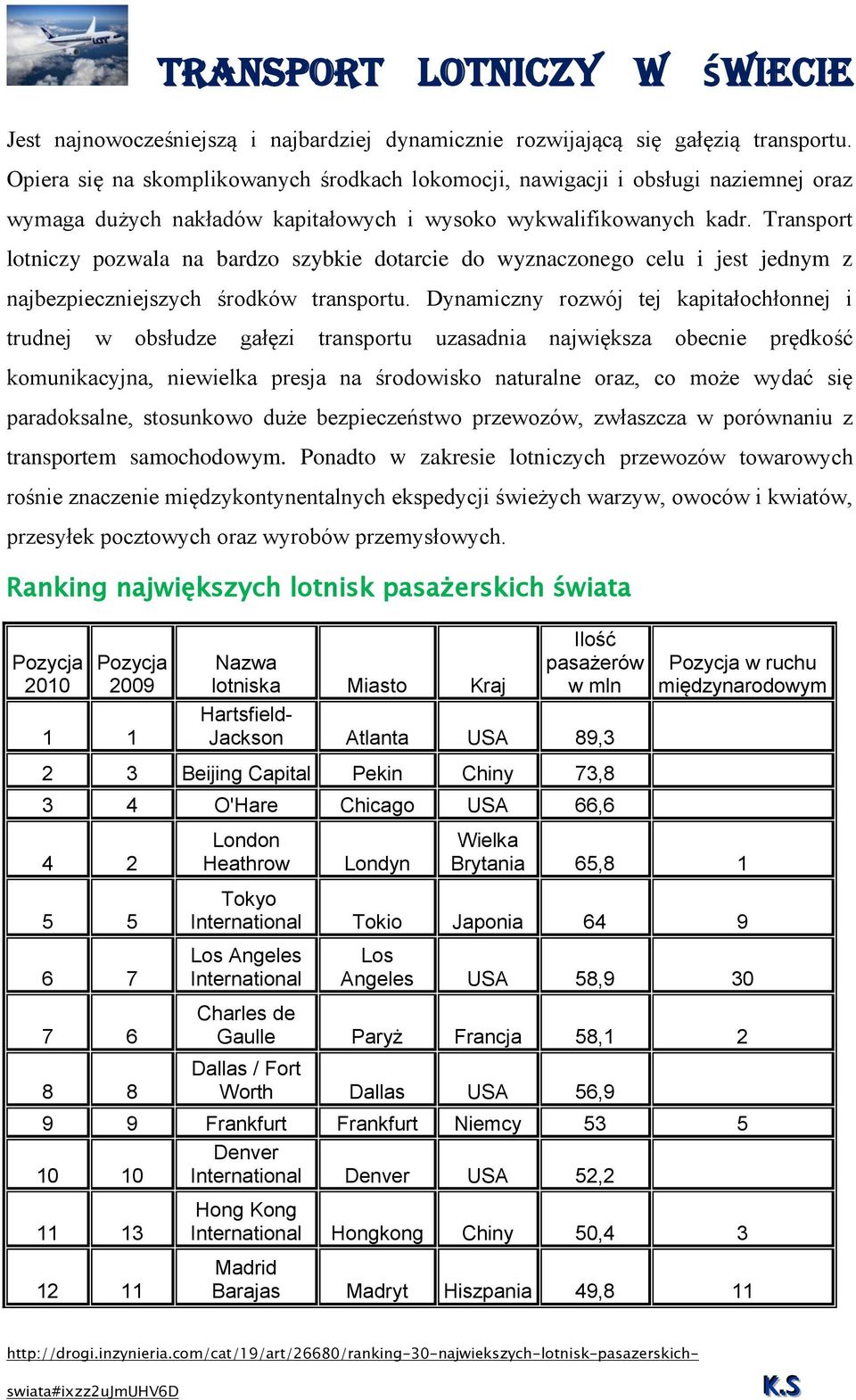 Transport lotniczy pozwala na bardzo szybkie dotarcie do wyznaczonego celu i jest jednym z najbezpieczniejszych środków transportu.