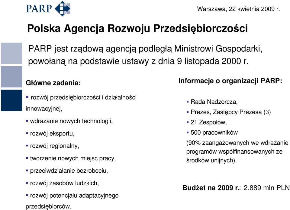 pracy, Informacje o organizacji PARP: Rada Nadzorcza, Prezes, Zastępcy Prezesa (3) 21 Zespołów, 500 pracowników (90% zaangaŝowanych we wdraŝanie programów