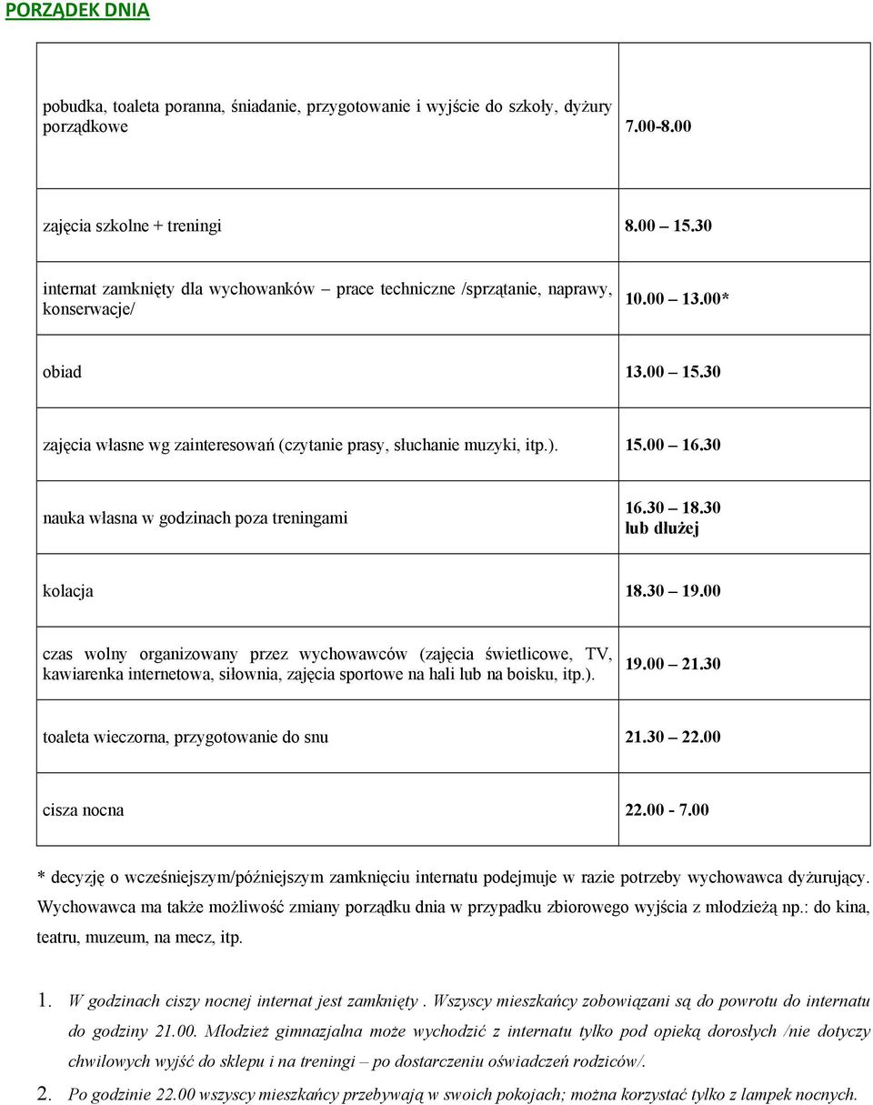 30 nauka własna w godzinach poza treningami 16.30 18.30 lub dłużej kolacja 18.30 19.