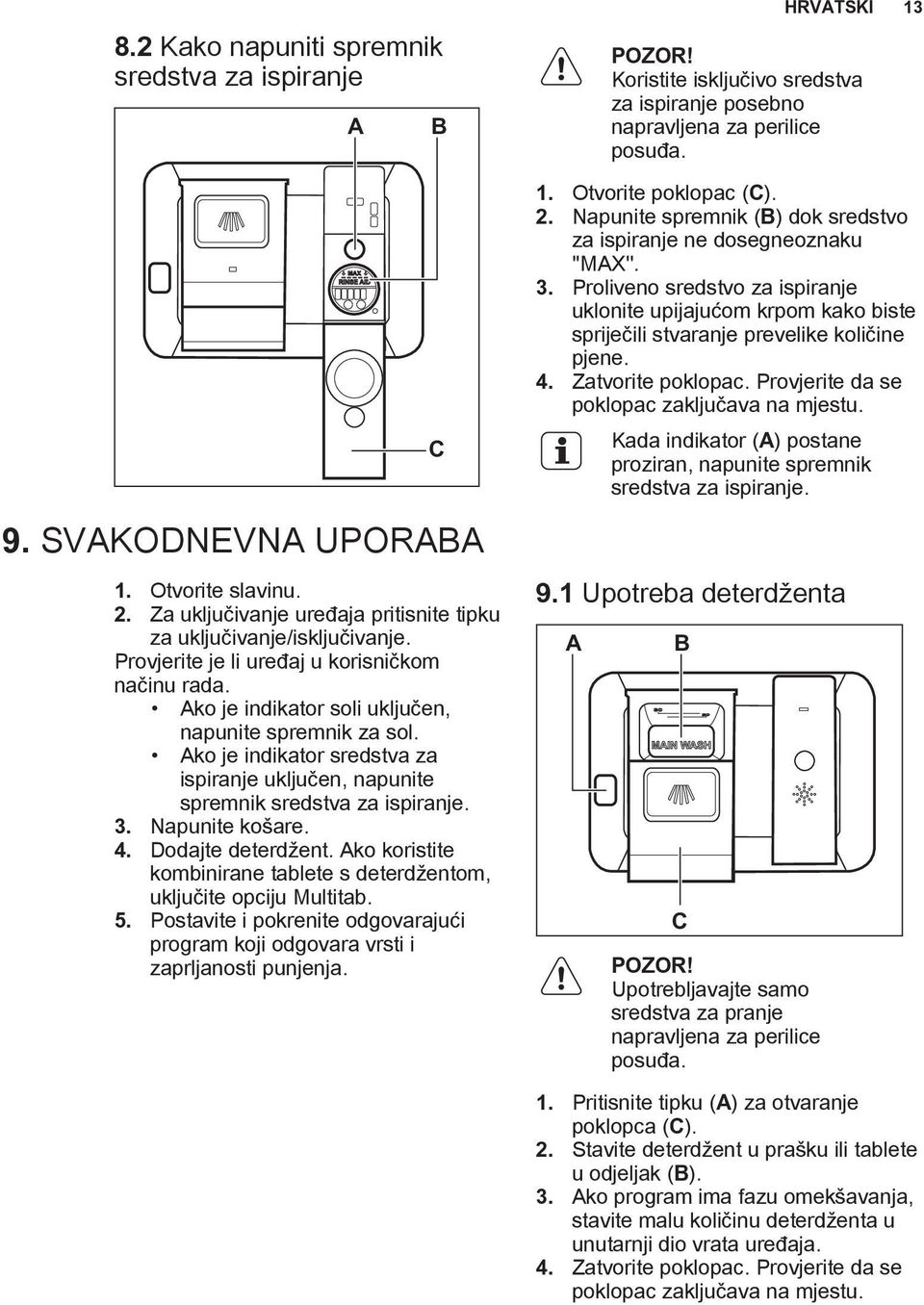3. Napunite košare. 4. Dodajte deterdžent. Ako koristite kombinirane tablete s deterdžentom, uključite opciju Multitab. 5.