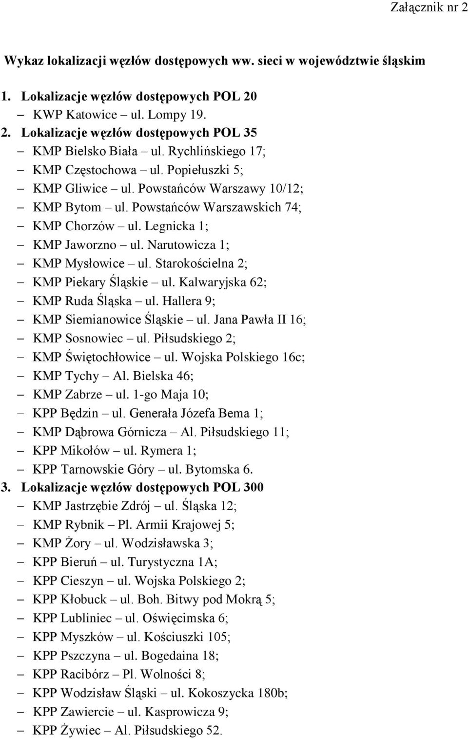 Narutowicza 1; KMP Mysłowice ul. Starokościelna 2; KMP Piekary Śląskie ul. Kalwaryjska 62; KMP Ruda Śląska ul. Hallera 9; KMP Siemianowice Śląskie ul. Jana Pawła II 16; KMP Sosnowiec ul.