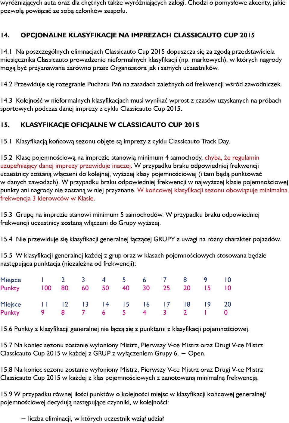 1 Na poszczególnych elimnacjach Classicauto Cup 2015 dopuszcza się za zgodą przedstawiciela miesięcznika Classicauto prowadzenie nieformalnych klasyfikacji (np.