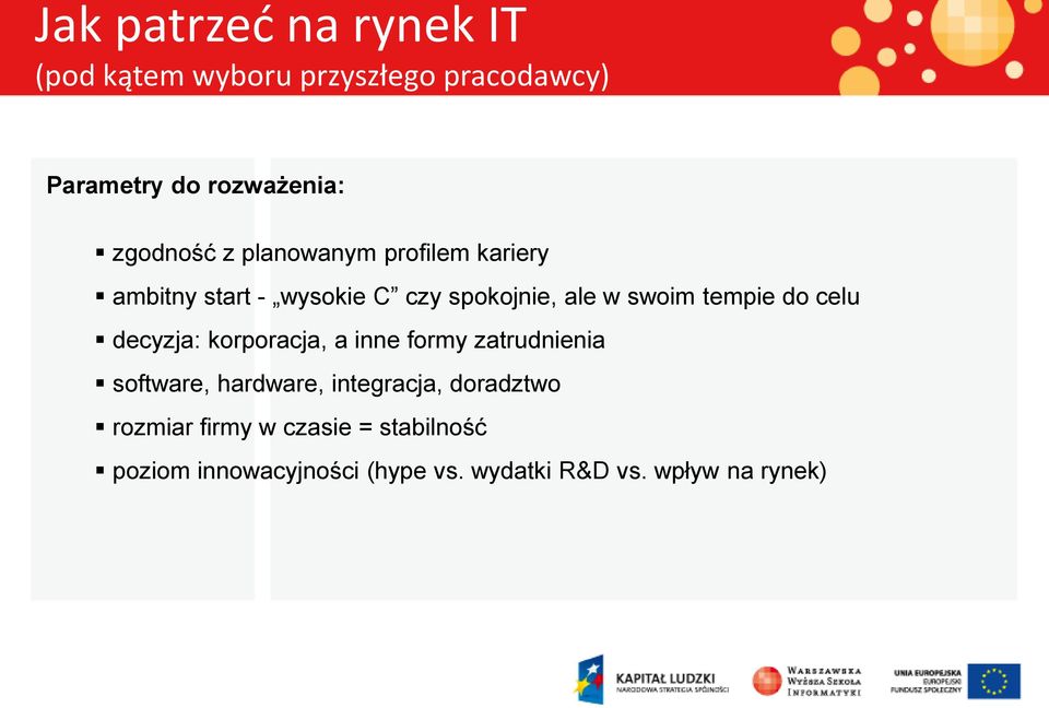 tempie do celu decyzja: korporacja, a inne formy zatrudnienia software, hardware, integracja,