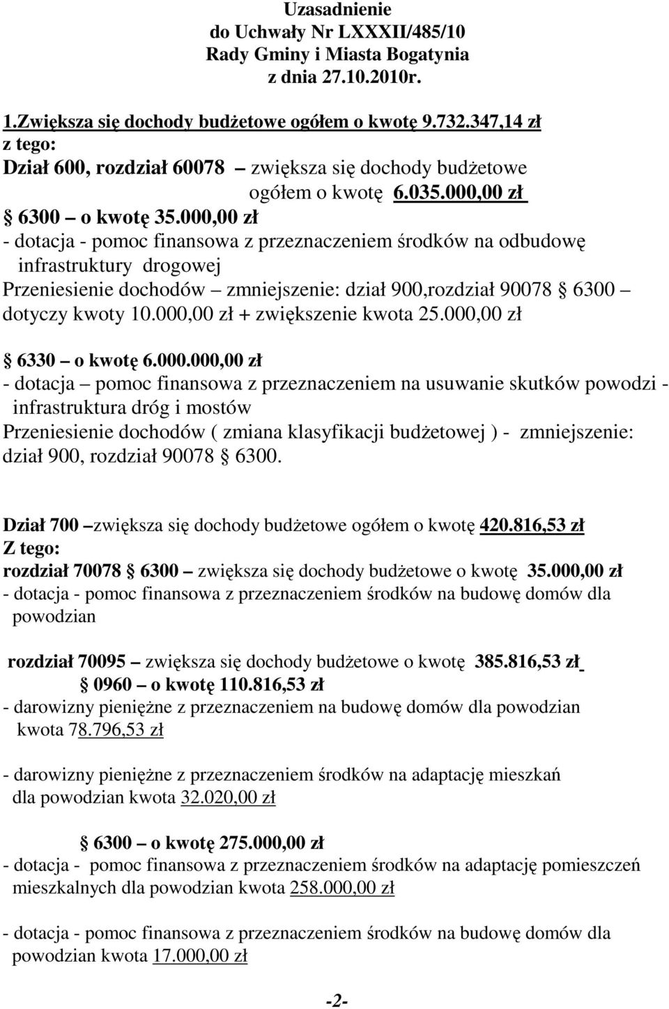 000,00 zł - dotacja - pomoc finansowa z przeznaczeniem środków na odbudowę infrastruktury drogowej Przeniesienie dochodów zmniejszenie: dział 900,rozdział 90078 6300 dotyczy kwoty 10.