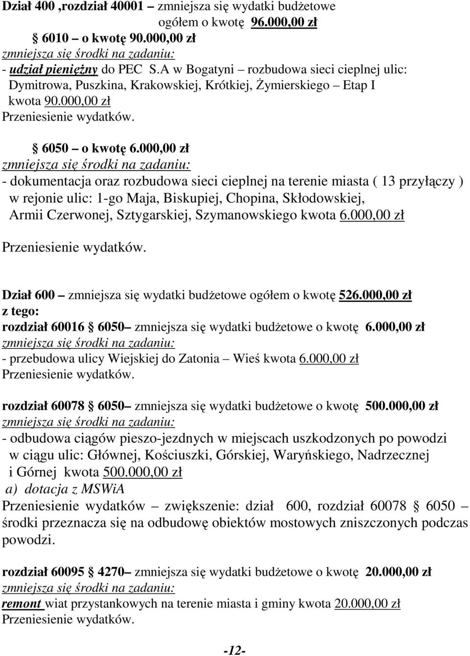 000,00 zł - dokumentacja oraz rozbudowa sieci cieplnej na terenie miasta ( 13 przyłączy ) w rejonie ulic: 1-go Maja, Biskupiej, Chopina, Skłodowskiej, Armii Czerwonej, Sztygarskiej, Szymanowskiego