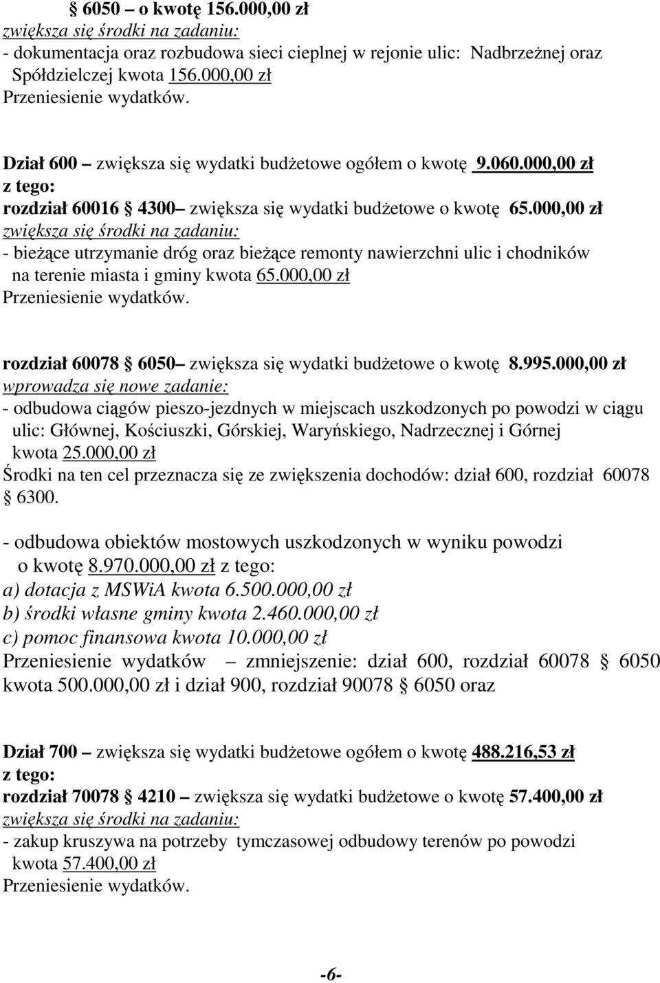 000,00 zł zwiększa się środki na zadaniu: - bieżące utrzymanie dróg oraz bieżące remonty nawierzchni ulic i chodników na terenie miasta i gminy kwota 65.