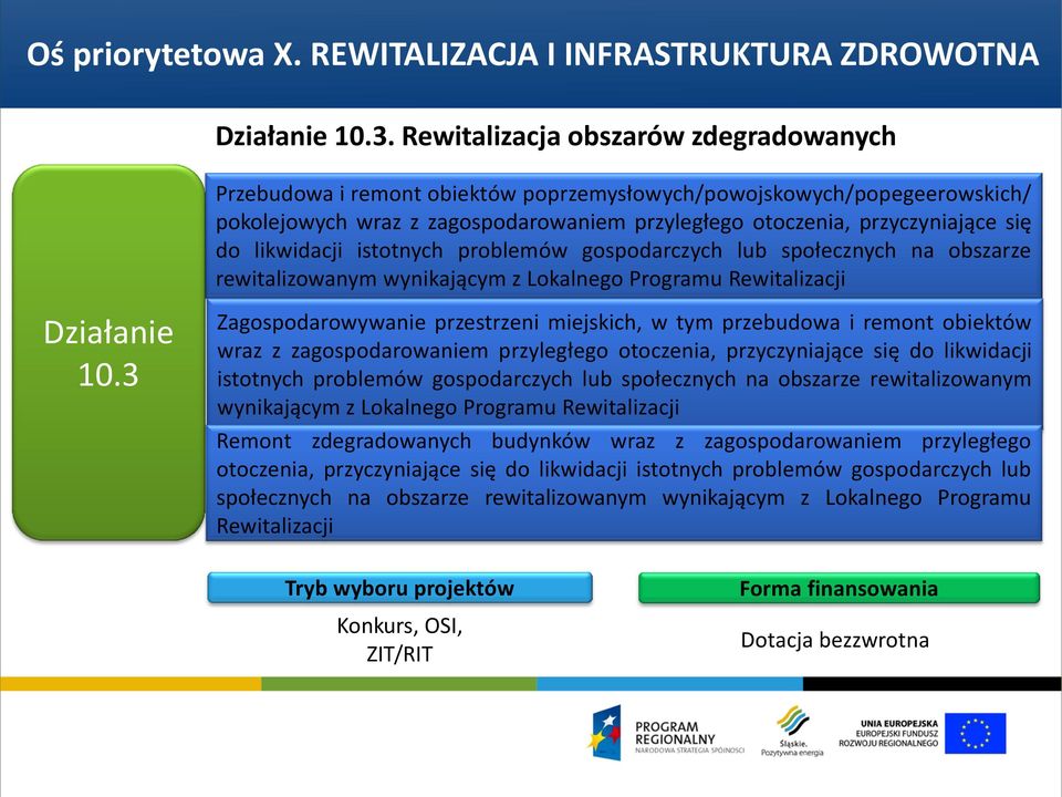 likwidacji istotnych problemów gospodarczych lub społecznych na obszarze rewitalizowanym wynikającym z Lokalnego Programu Rewitalizacji Działanie 10.