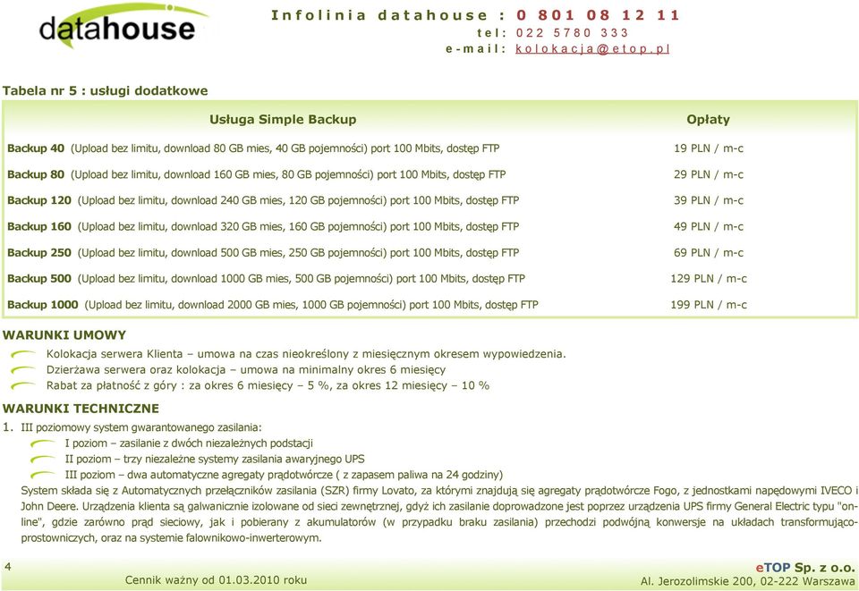 160 GB pojemności) port 100 Mbits, dostęp FTP Backup 250 (Upload bez limitu, download 500 GB mies, 250 GB pojemności) port 100 Mbits, dostęp FTP Backup 500 (Upload bez limitu, download 1000 GB mies,