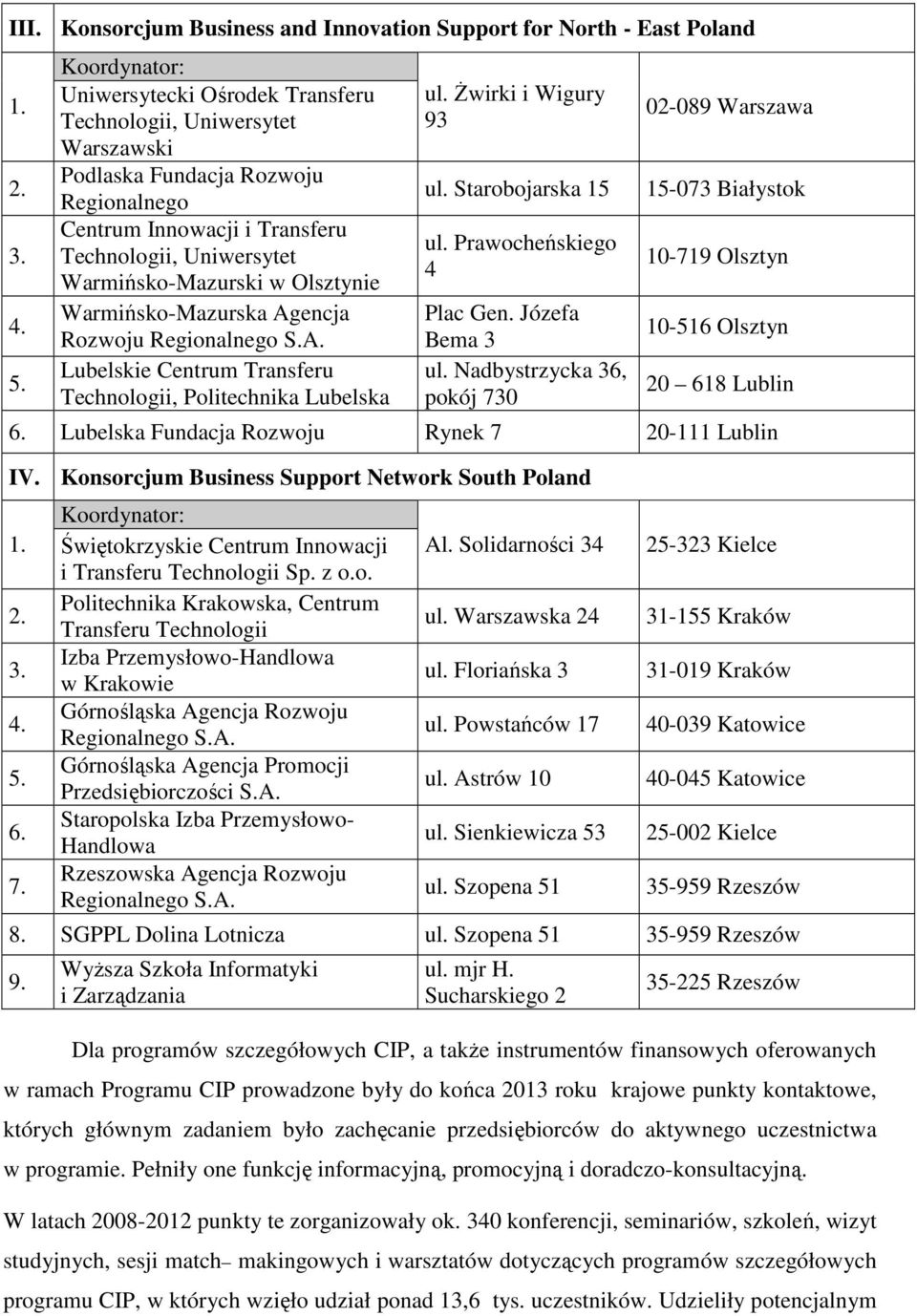 Warmińsko-Mazurska Agencja Rozwoju Lubelskie Centrum Transferu Technologii, Politechnika Lubelska ul. świrki i Wigury 93 ul. Starobojarska 15 ul. Prawocheńskiego 4 Plac Gen. Józefa Bema 3 ul.