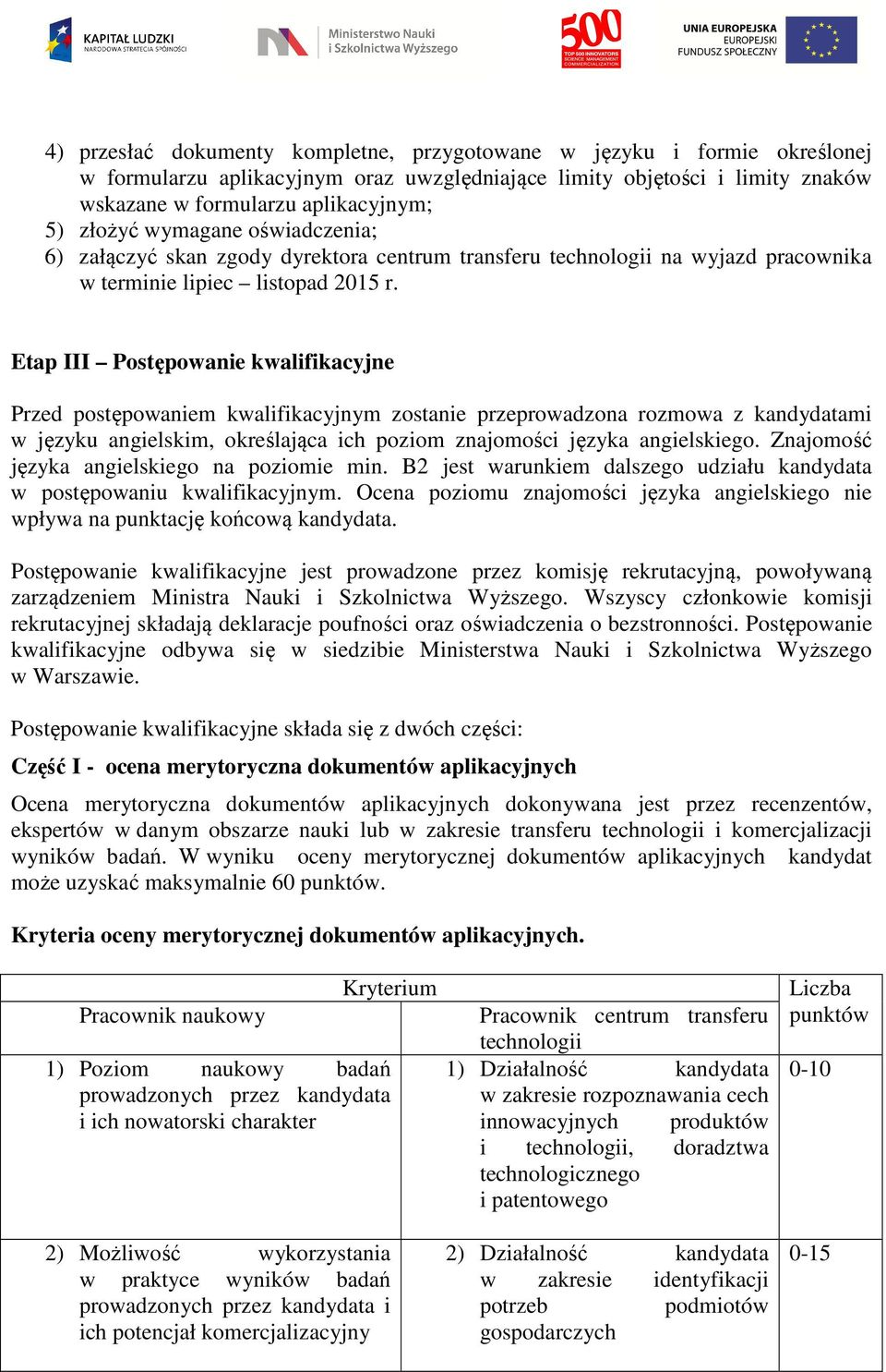 Etap III Postępowanie kwalifikacyjne Przed postępowaniem kwalifikacyjnym zostanie przeprowadzona rozmowa z kandydatami w języku angielskim, określająca ich poziom znajomości języka angielskiego.