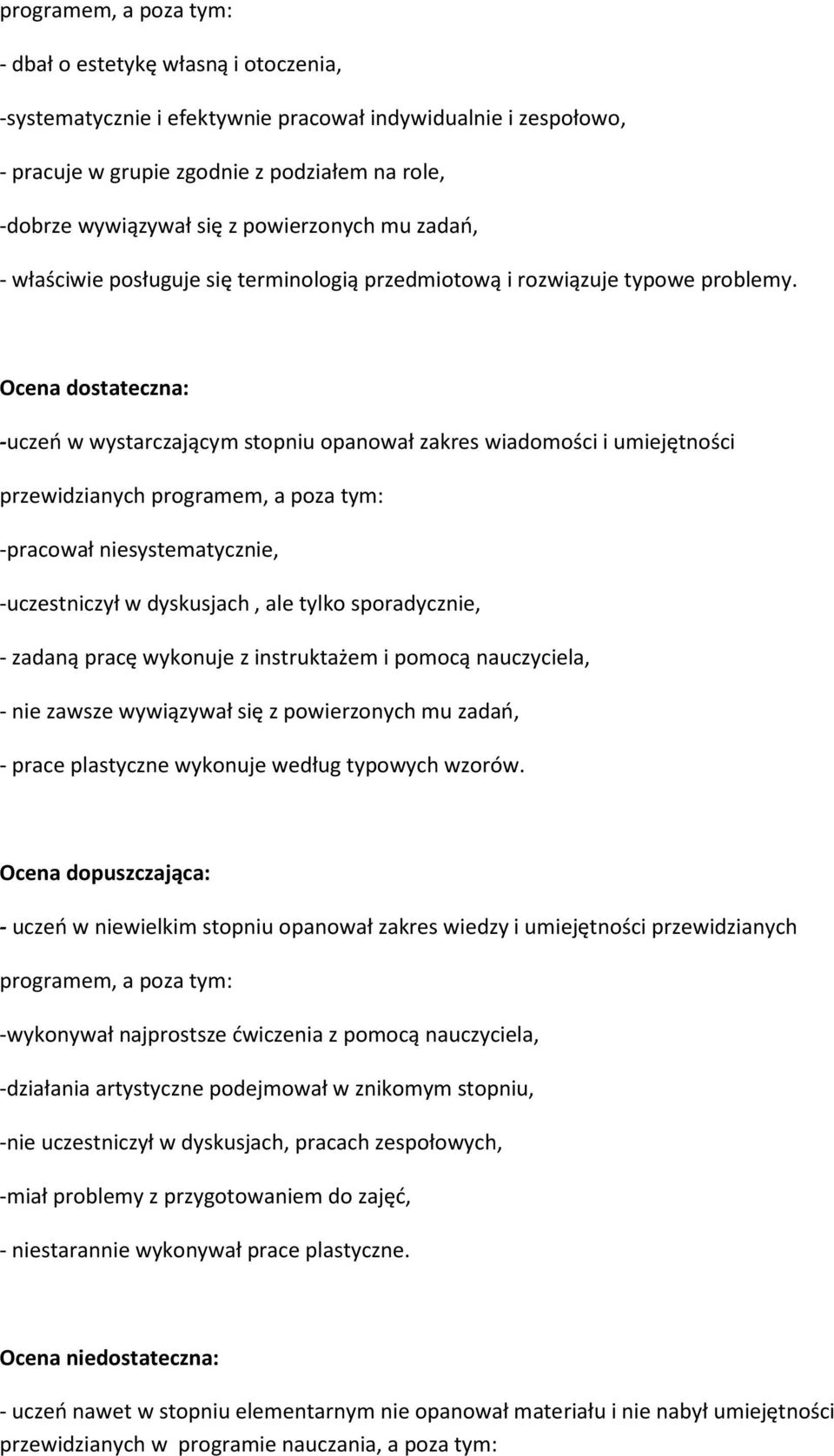 Ocena dostateczna: -uczeń w wystarczającym stopniu opanował zakres wiadomości i umiejętności przewidzianych programem, a poza tym: -pracował niesystematycznie, -uczestniczył w dyskusjach, ale tylko