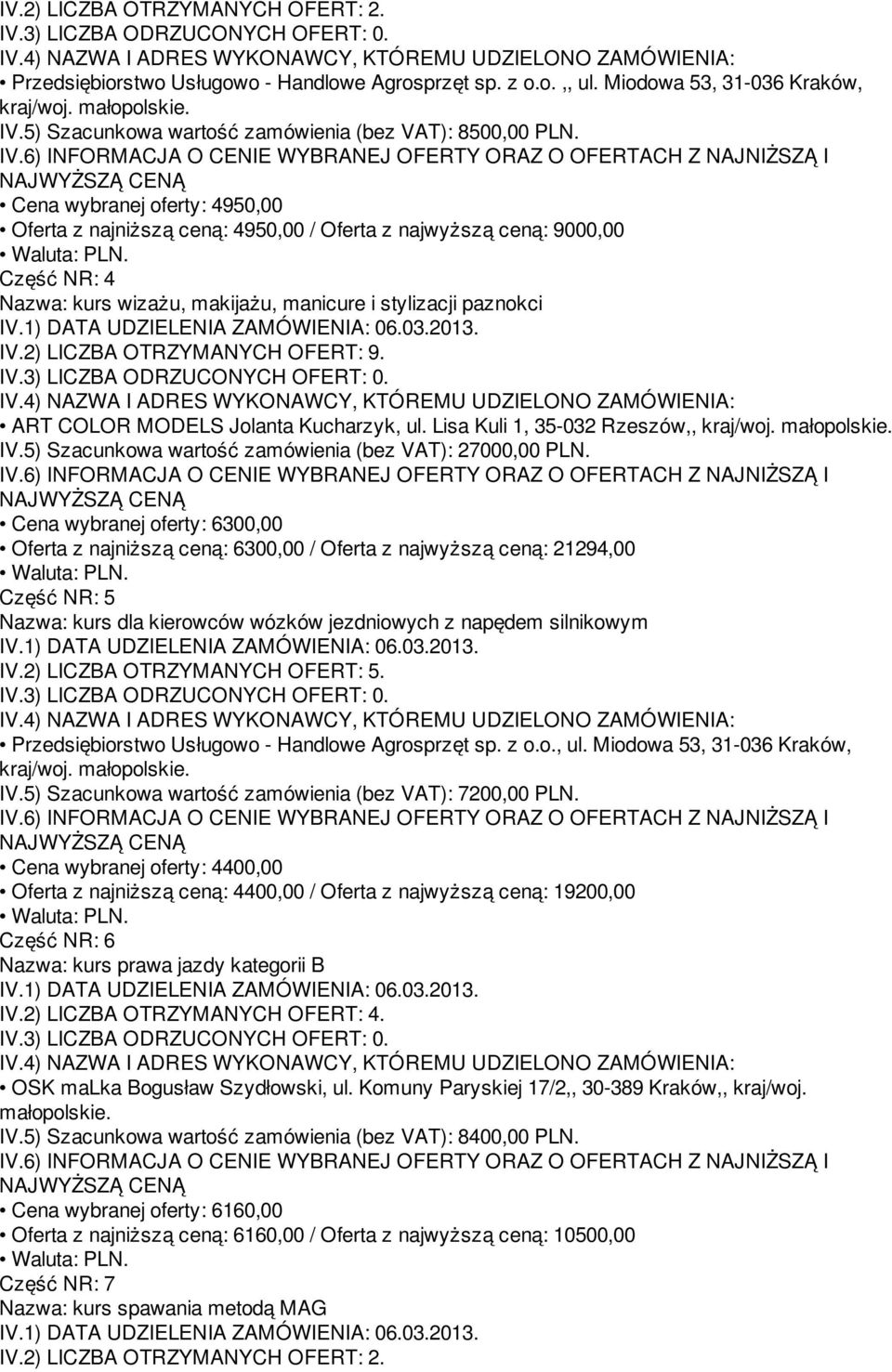 2) LICZBA OTRZYMANYCH OFERT: 9. ART COLOR MODELS Jolanta Kucharzyk, ul. Lisa Kuli 1, 35-032 Rzeszów,, IV.5) Szacunkowa wartość zamówienia (bez VAT): 27000,00 PLN.