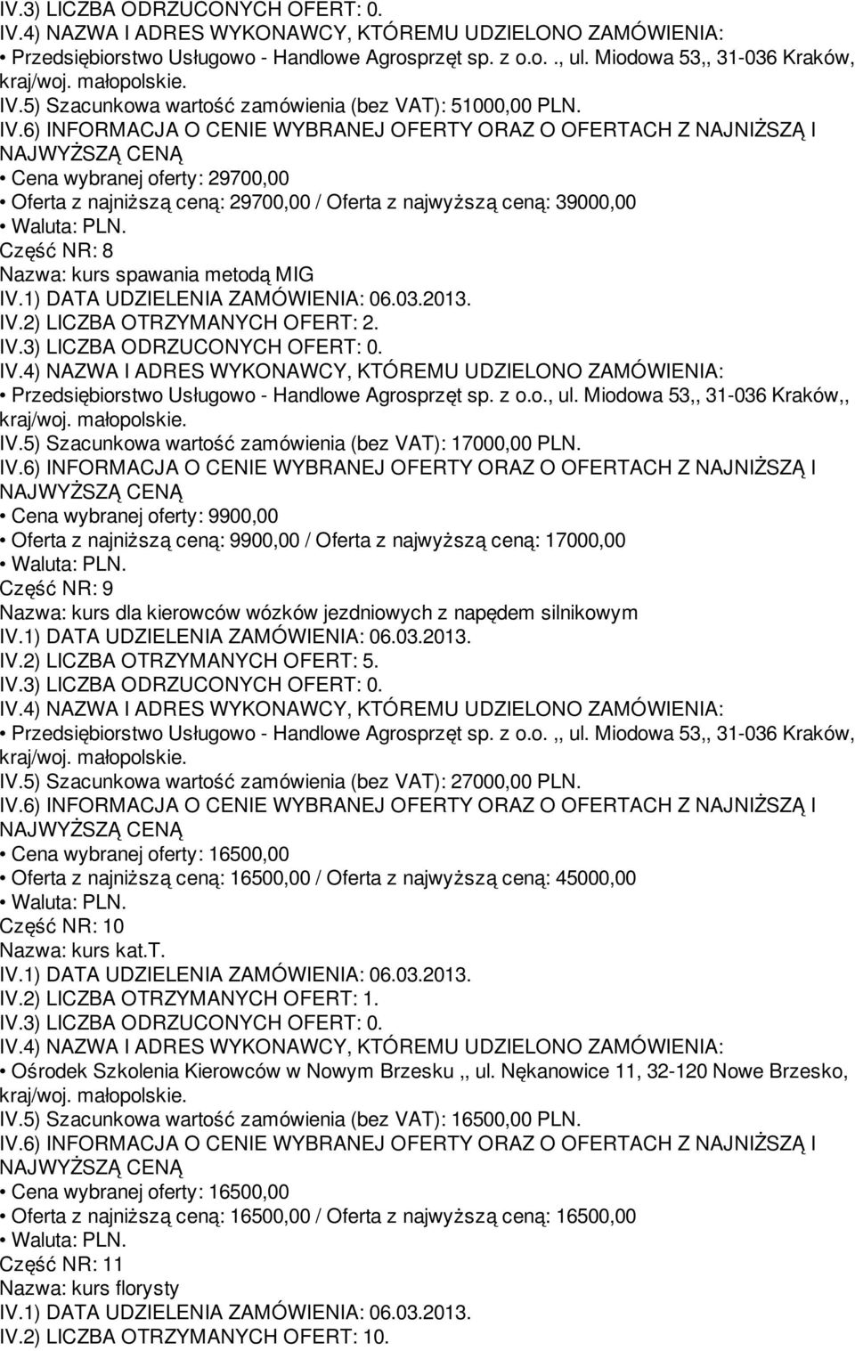 z o.o., ul. Miodowa 53,, 31-036 Kraków,, IV.5) Szacunkowa wartość zamówienia (bez VAT): 17000,00 PLN.