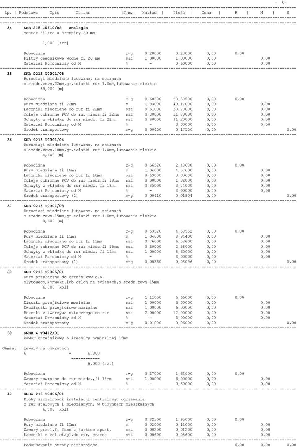 0mm,lutowanie miekkie 39,000 [m] Robocizna r-g 0,60500 23,59500 0,00 0,00 Rury miedziane fi 22mm m 1,03000 40,17000 0,00 0,00 Łączniki miedziane do rur fi 22mm szt 0,61000 23,79000 0,00 0,00 Tuleje