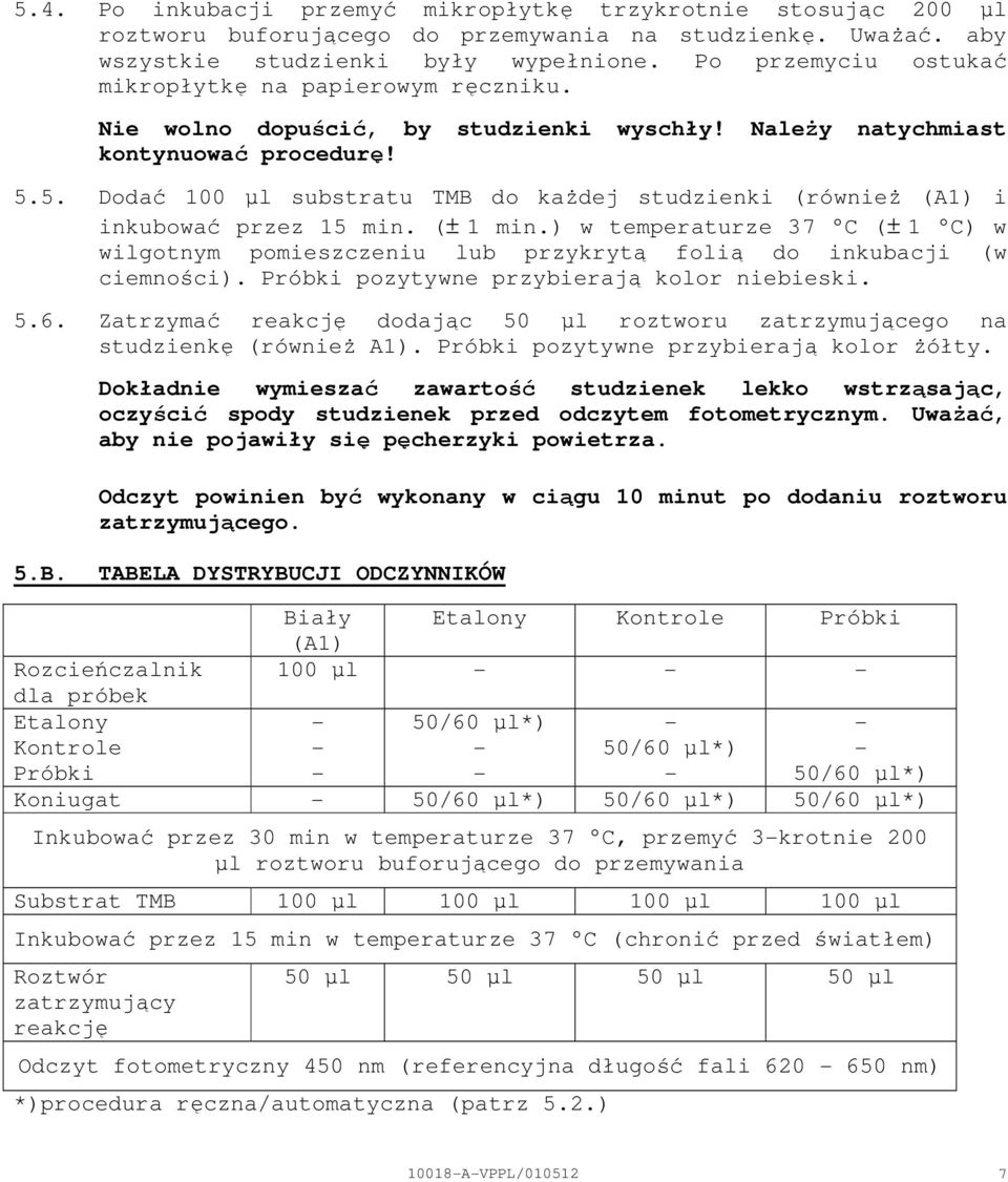 5. Dodać 100 µl substratu TMB do kaŝdej studzienki (równieŝ (A1) i inkubować przez 15 min. (± 1 min.