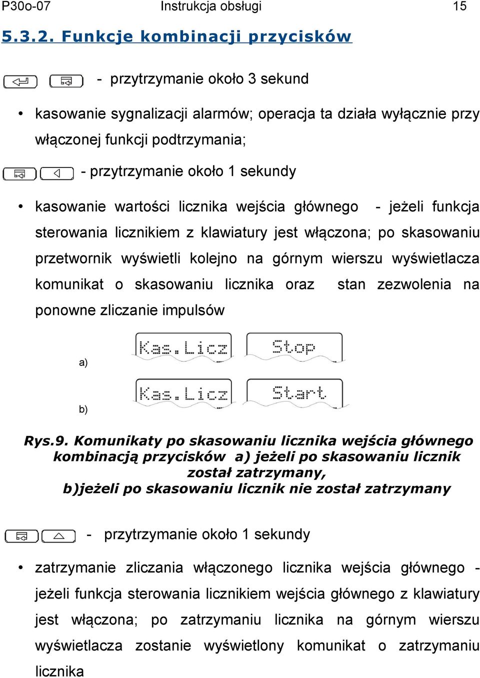wartości licznika wejścia głównego jeżeli funkcja sterowania licznikiem z klawiatury jest włączona; po skasowaniu przetwornik wyświetli kolejno na górnym wierszu wyświetlacza komunikat o skasowaniu