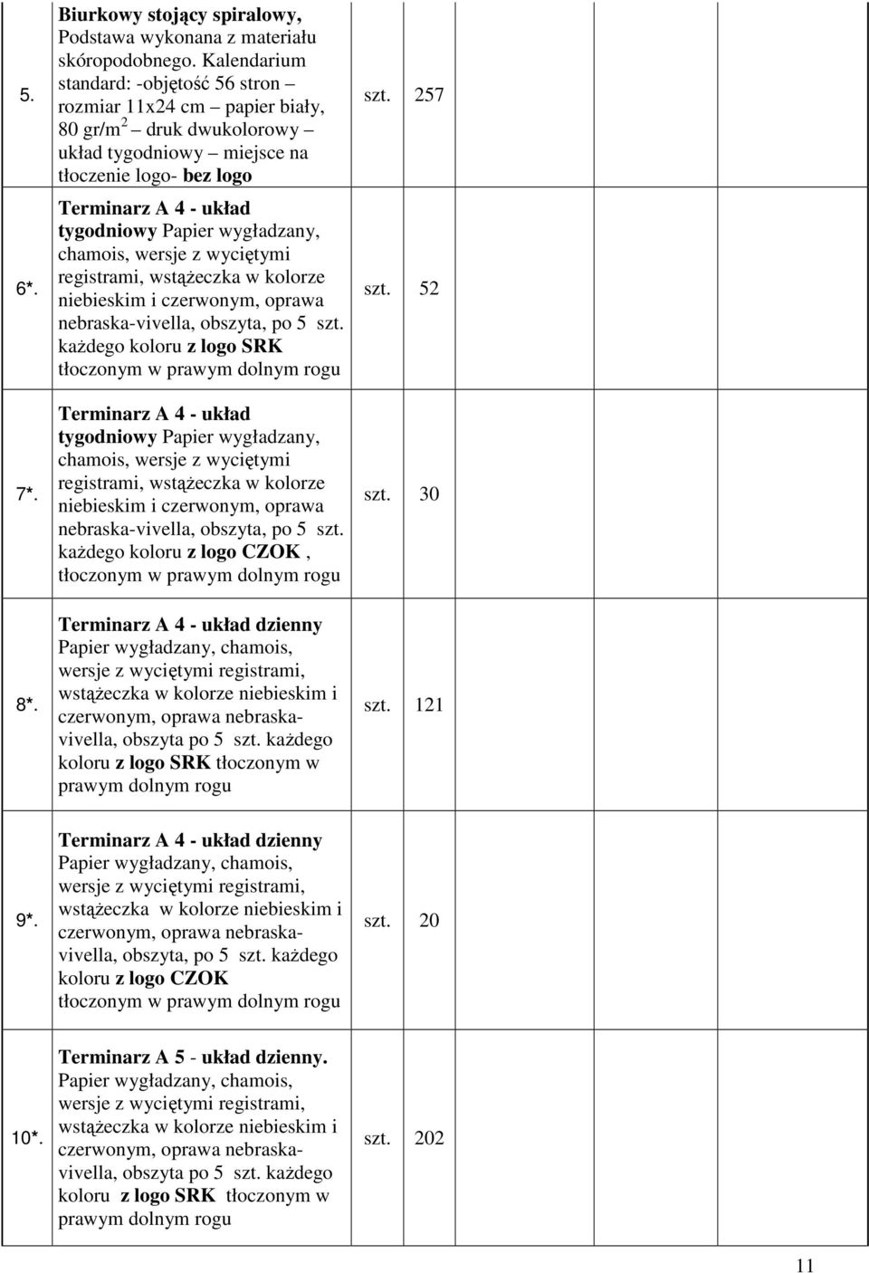 wygładzany, chamois, wersje z wyciętymi registrami, wstążeczka w kolorze niebieskim i czerwonym, oprawa nebraska-vivella, obszyta, po 5 szt.