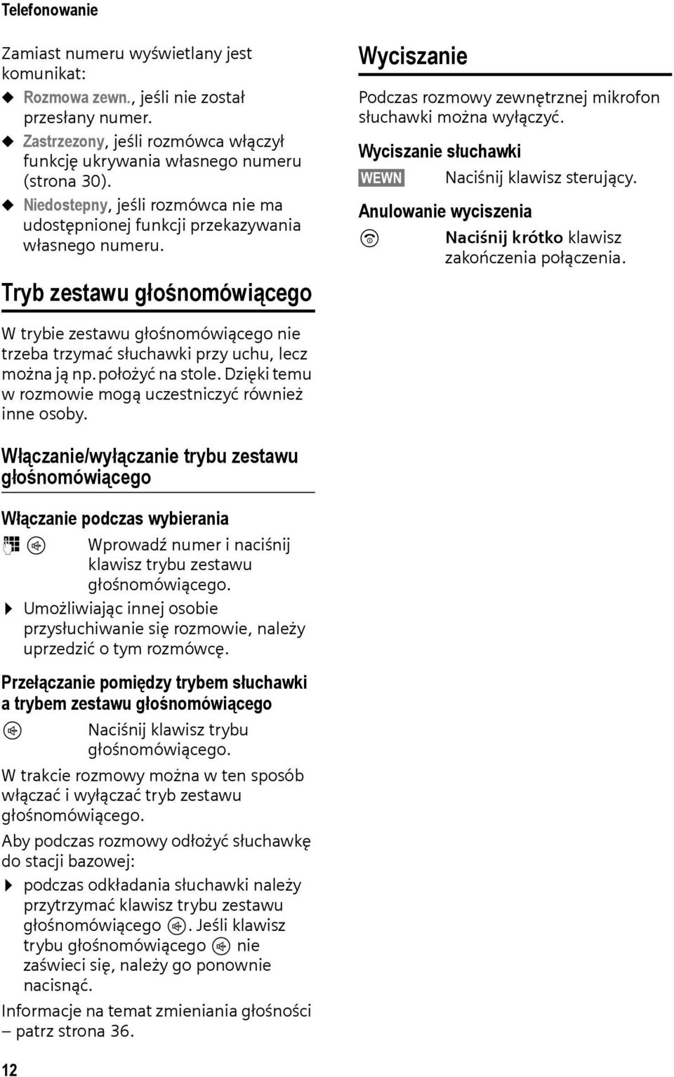 Wyciszanie słuchawki WEWN Naciśnij klawisz sterujący. Anulowanie wyciszenia a Naciśnij krótko klawisz zakończenia połączenia.