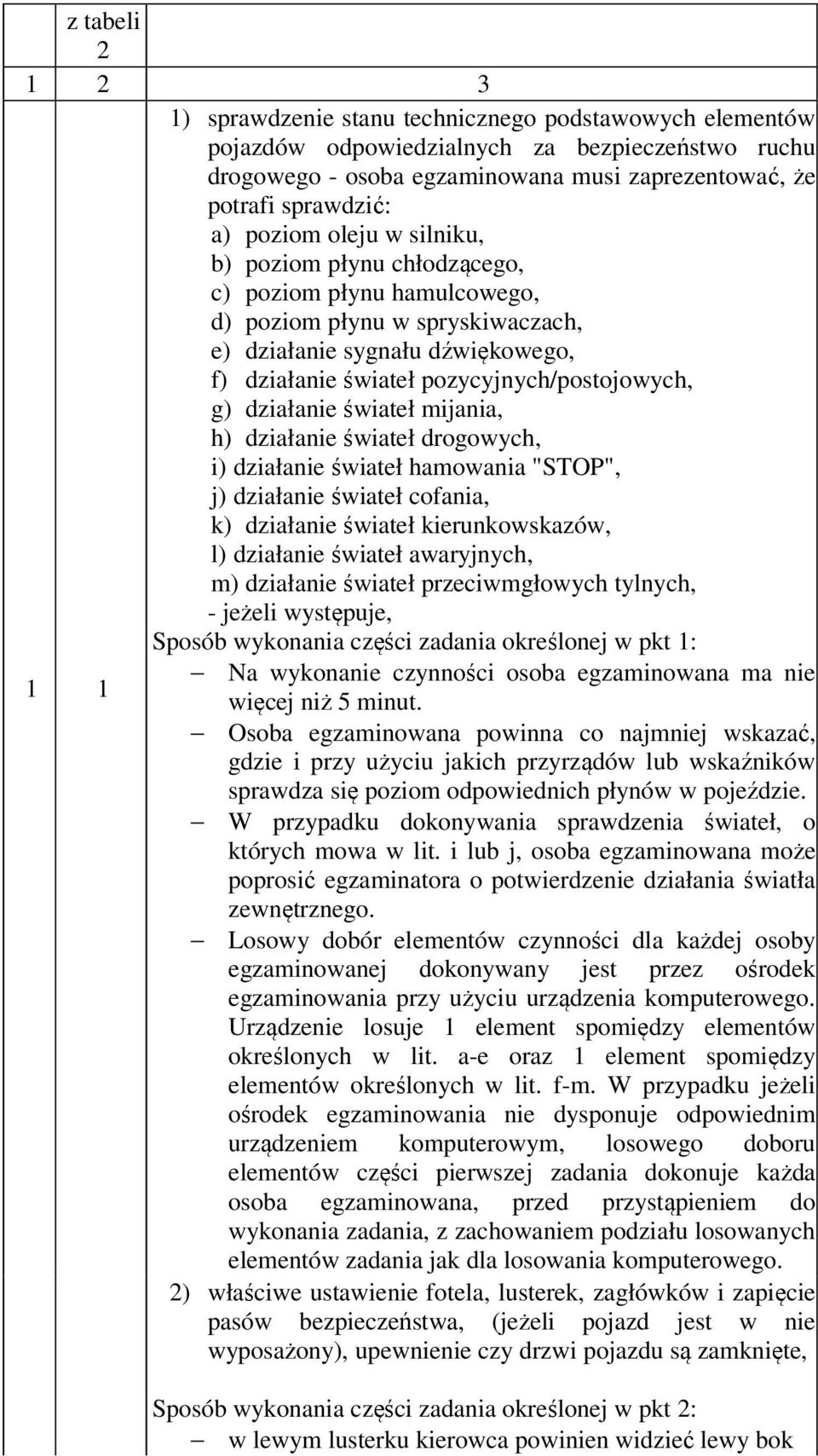 pozycyjnych/postojowych, g) działanie świateł mijania, h) działanie świateł drogowych, i) działanie świateł hamowania "STOP", j) działanie świateł cofania, k) działanie świateł kierunkowskazów, l)