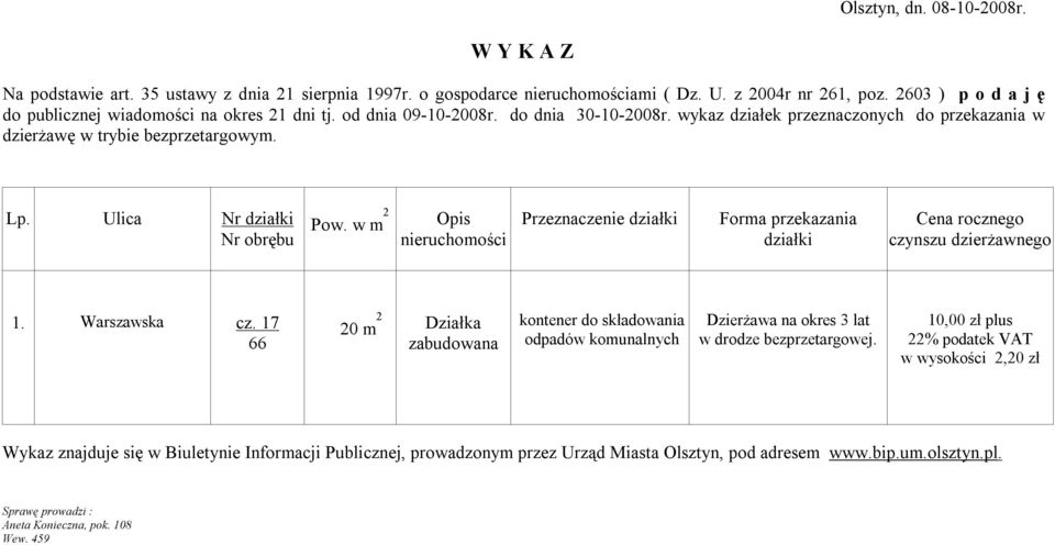 wykaz działek przeznaczonych do przekazania w dzierżawę w trybie bezprzetargowym. Lp. Ulica Nr Pow. w m 2 Przeznaczenie Cena rocznego 1.