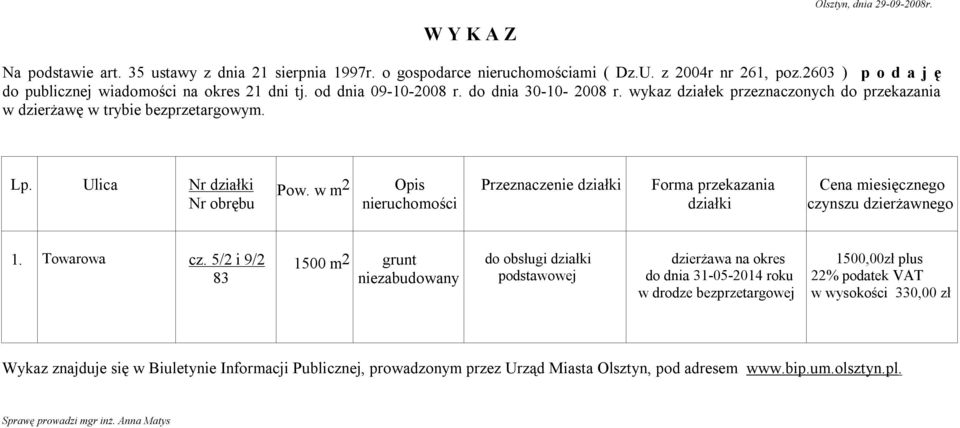 wykaz działek przeznaczonych do przekazania w dzierżawę w trybie bezprzetargowym. Lp. Ulica Nr Pow. w m 2 Przeznaczenie Cena miesięcznego 1.