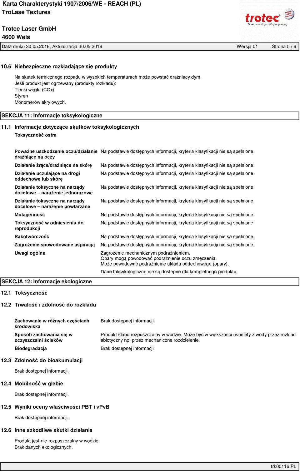 1 reprodukcji Uwagi ogólne SEKCJA 12: Informacje ekologiczne 12.1 12.