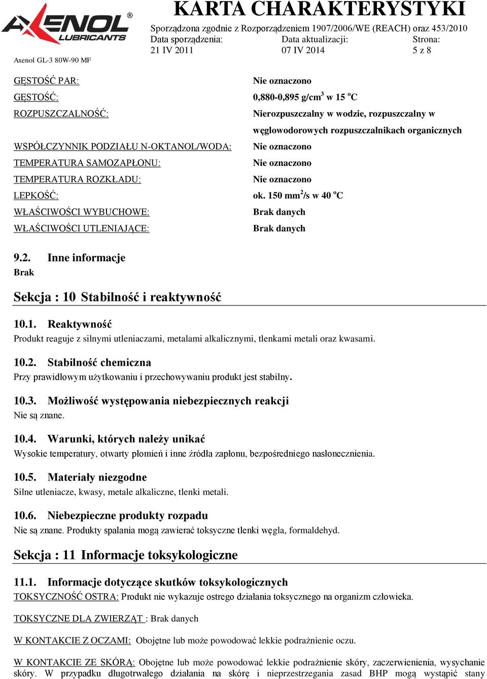 1. Reaktywność Produkt reaguje z silnymi utleniaczami, metalami alkalicznymi, tlenkami metali oraz kwasami. 10.2.