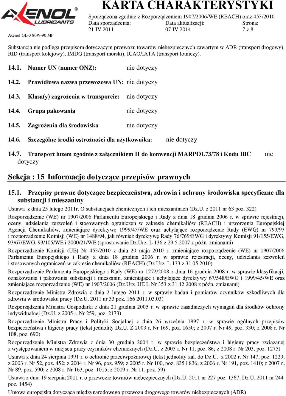 5. Zagrożenia dla środowiska nie dotyczy 14.6. Szczególne środki ostrożności dla użytkownika: nie dotyczy 14.7.