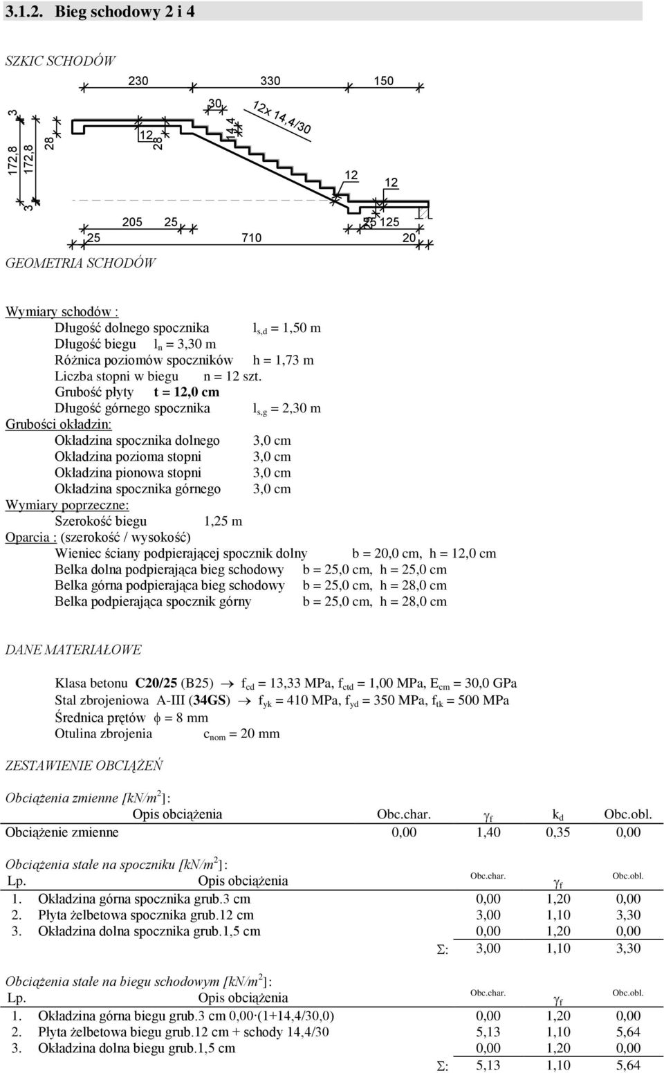 Grubość płyty t = 2,0 cm Długość górnego spocznika l s,g = 2,30 m Grubości okładzin: Okładzina spocznika dolnego 3,0 cm Okładzina pozioma stopni 3,0 cm Okładzina pionowa stopni 3,0 cm Okładzina