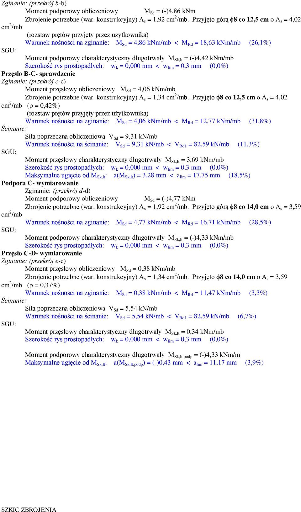 charakterystyczny długotrwały M Sk,lt = (-)4,42 knm/mb Szerokość rys prostopadłych: w k = 0,000 mm < w lim = 0,3 mm (0,0%) Przęsło -C- sprawdzenie Zginanie: (przekrój c-c) Moment przęsłowy