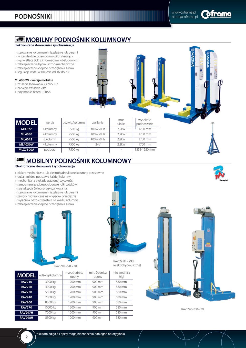 obsługowymi > zabezpieczenie hydrauliczno-mechaniczne > zabezpieczenie cieplne przeciążenia silnika > regulacja wideł w zakresie od 16 do 23 ML4030W - wersja mobilna > zasilanie ładowania 230V/50Hz >