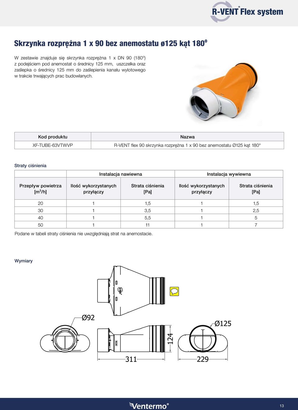 XF-TUBE-63VTWVP R-VENT flex 90 skrzynka rozprężna 1 x 90 bez anemostatu Ø125 kąt 180 Straty ciśnienia Instalacja nawiewna Instalacja wywiewna Przepływ powietrza [m 3 /h]