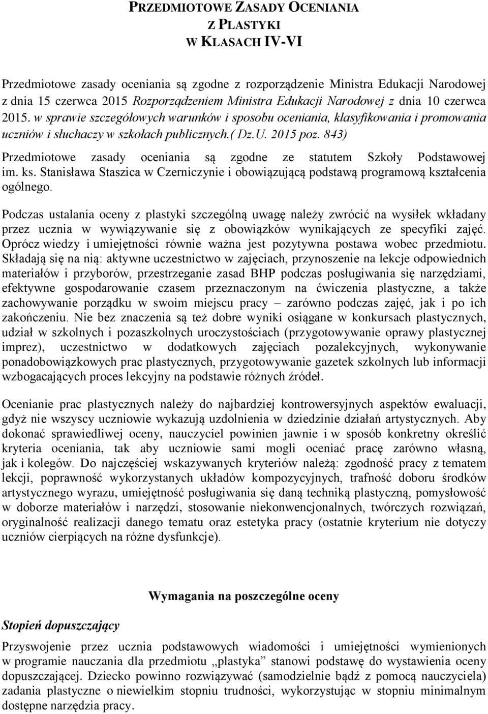 843) Przedmiotowe zasady oceniania są zgodne ze statutem Szkoły Podstawowej im. ks. Stanisława Staszica w Czerniczynie i obowiązującą podstawą programową kształcenia ogólnego.
