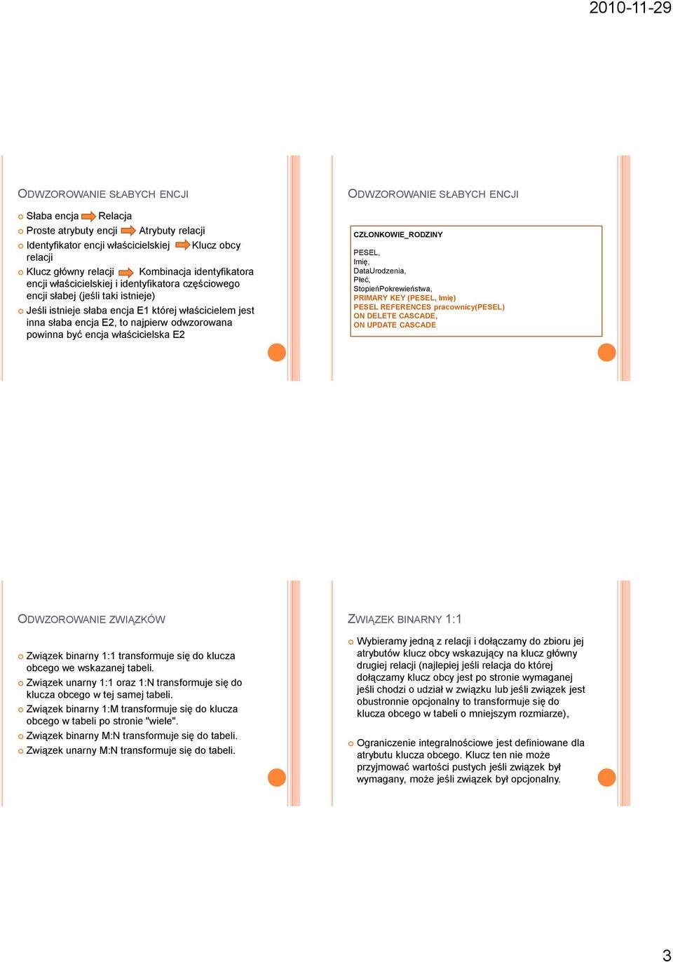 właścicielska E2 ODWZOROWANIE SŁABYCH ENCJI CZŁONKOWIE_RODZINY PESEL, Imię, DataUrodzenia, Płeć, StopieńPokrewieństwa, PRIMARY KEY (PESEL, Imię) PESEL REFERENCES pracownicy(pesel) ON DELETE CASCADE,