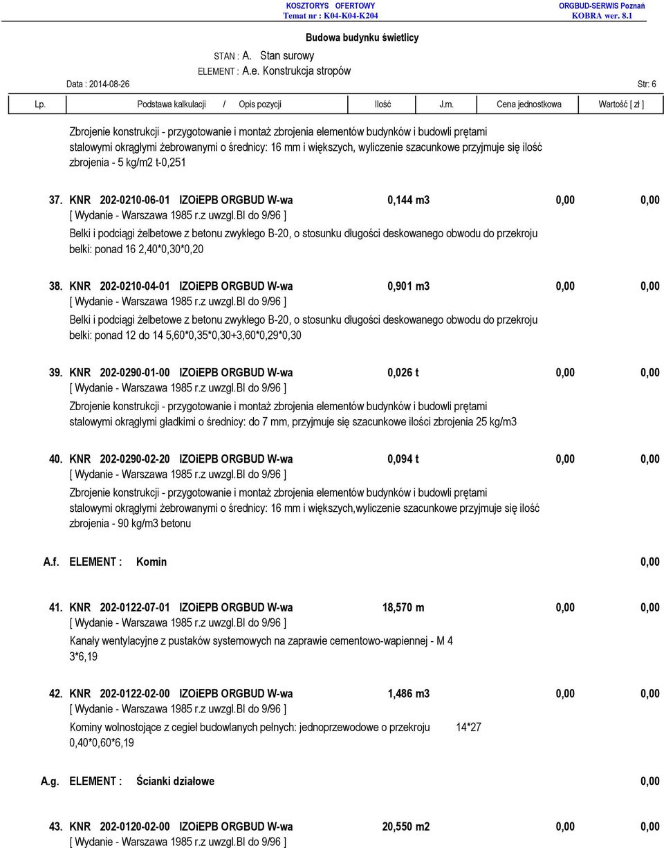 KNR 202-0210-06-01 IZOiEPB ORGBUD W-wa 0,144 m3 0,00 0,00 Belki i podciągi żelbetowe z betonu zwykłego B-20, o stosunku długości deskowanego obwodu do przekroju belki: ponad 16 2,40*0,30*0,20 38.