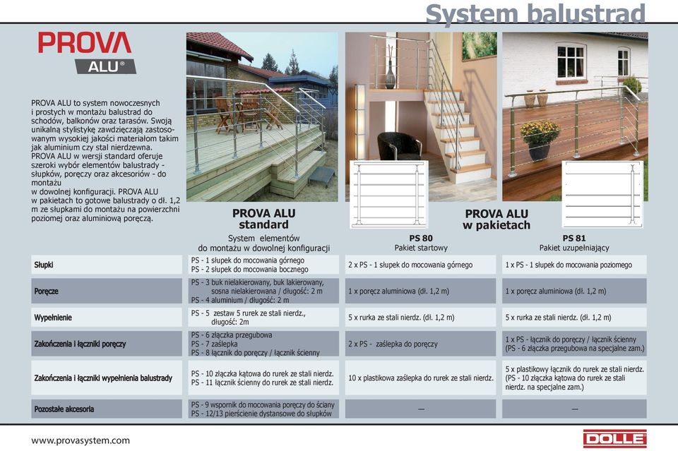 PROVA ALU w wersji standard oferuje szeroki wybór elementów balustrady - słupków, poręczy oraz akcesoriów - do montażu w dowolnej konfiguracji. PROVA ALU w pakietach to gotowe balustrady o dł.