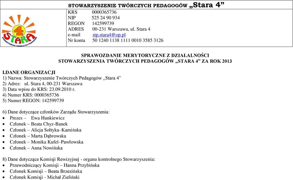 DANE ORGANIZACJI 1) Nazwa: Stowarzyszenie Twórczych Pedagogów Stara 4 2) Adres: ul. Stara 4, 00-231 Warszawa 3) Data wpisu do KRS: 23.09.2010 r.