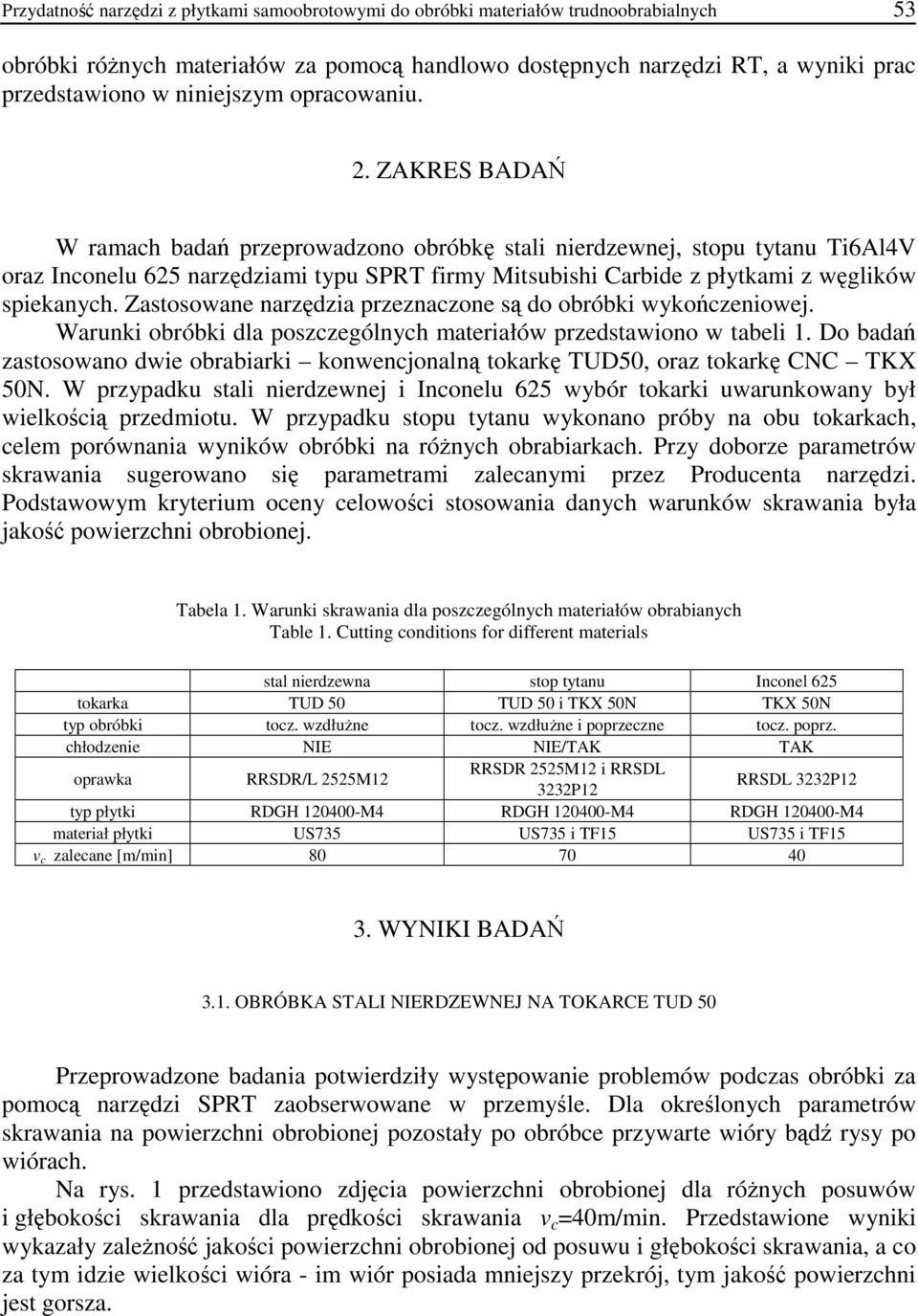 ZAKRES BADAŃ W ramach badań przeprowadzono obróbkę stali nierdzewnej, stopu tytanu Ti6Al4V oraz Inconelu 625 narzędziami typu SPRT firmy Mitsubishi Carbide z płytkami z węglików spiekanych.