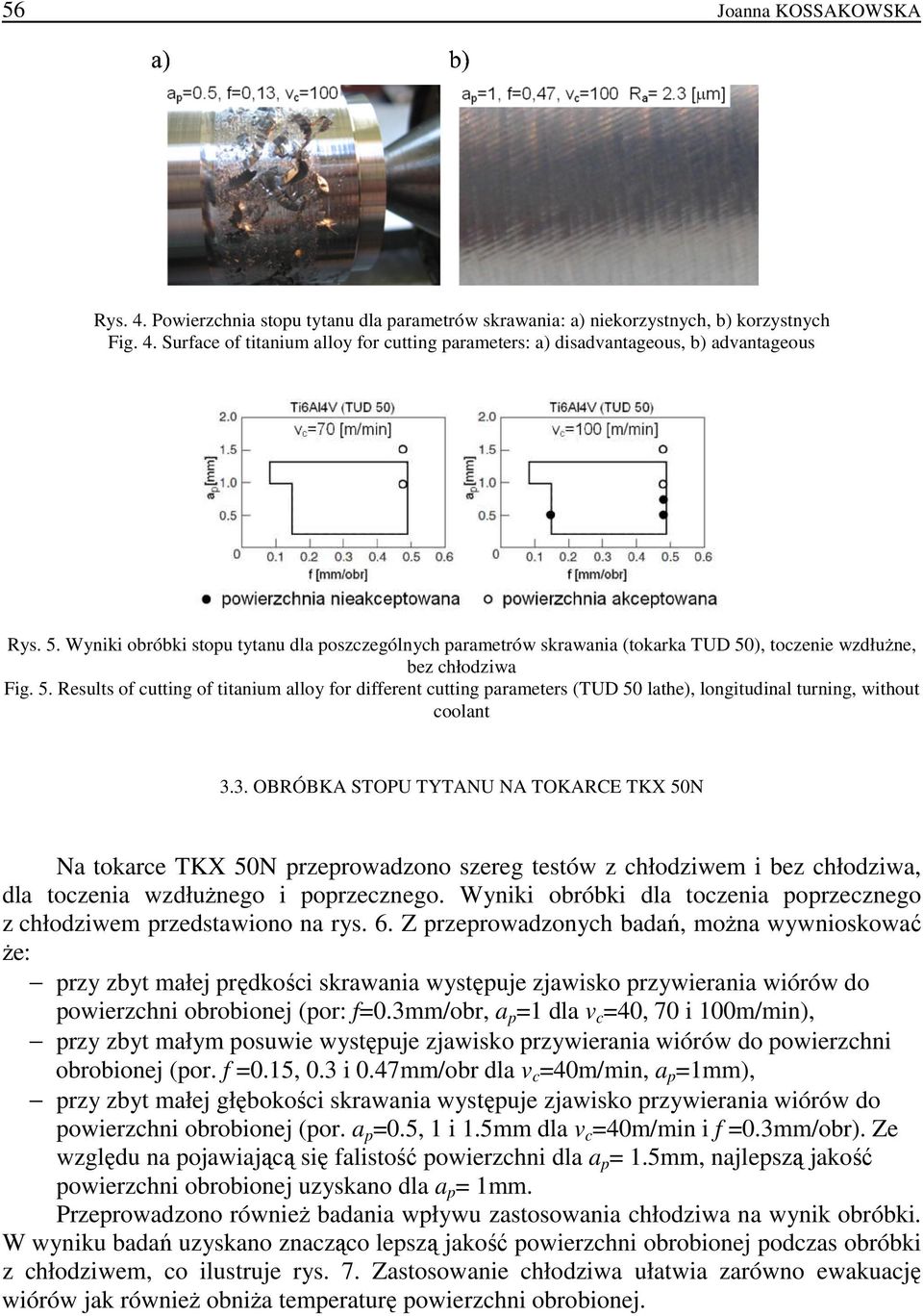 ), toczenie wzdłuŝne, bez chłodziwa Fig. 5. Results of cutting of titanium alloy for different cutting parameters (TUD 50 lathe), longitudinal turning, without coolant 3.
