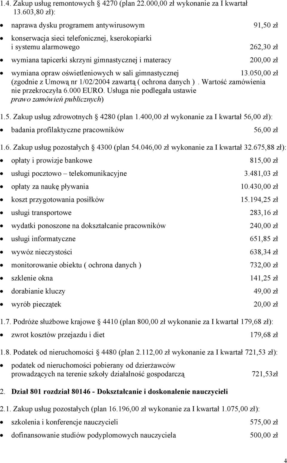 wymiana opraw oświetleniowych w sali gimnastycznej 13.050,00 zł (zgodnie z Umową nr 1/02/2004 zawartą ( ochrona danych ). Wartość zamówienia nie przekroczyła 6.000 EURO.