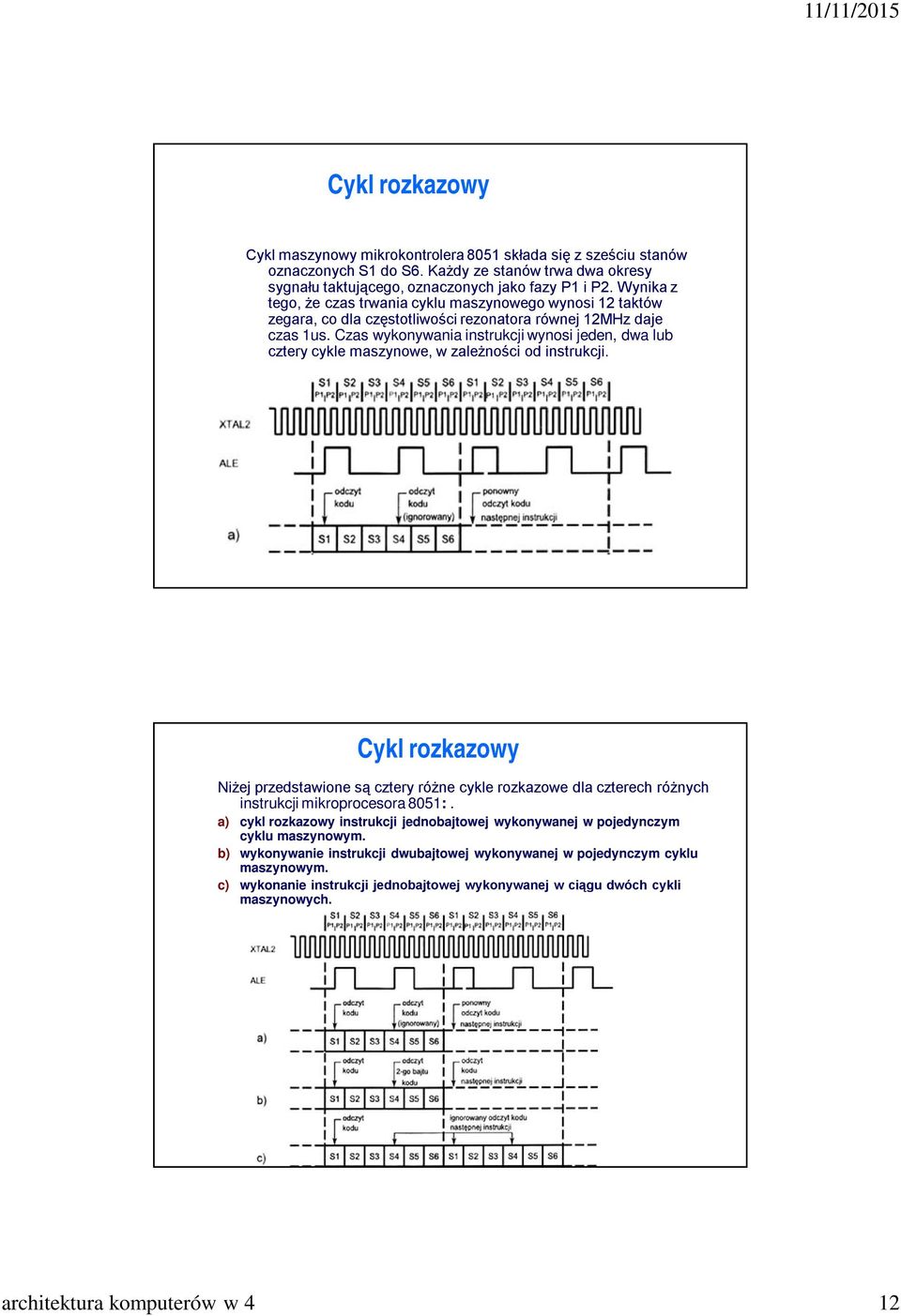 Czas wykonywania instrukcji wynosi jeden, dwa lub cztery cykle maszynowe, w zależności od instrukcji.