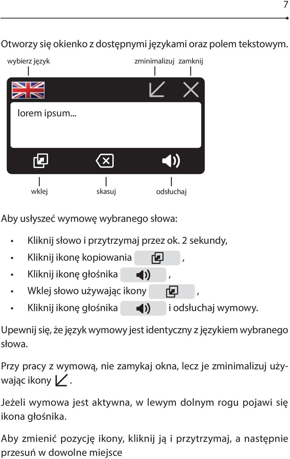 2 sekundy, Kliknij ikonę kopiowania, Kliknij ikonę głośnika, Wklej słowo używając ikony, Kliknij ikonę głośnika i odsłuchaj wymowy.