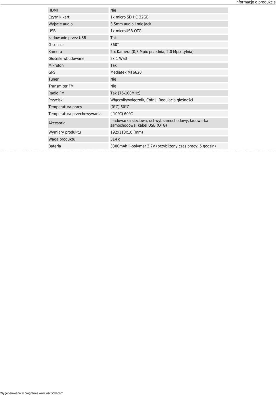 Watt Mikrofon Tak GPS Mediatek MT6620 Tuner Transmiter FM Radio FM Tak (76-108MHz) Przyciski Włącznik/wyłącznik, Cofnij, Regulacja głośności Temperatura