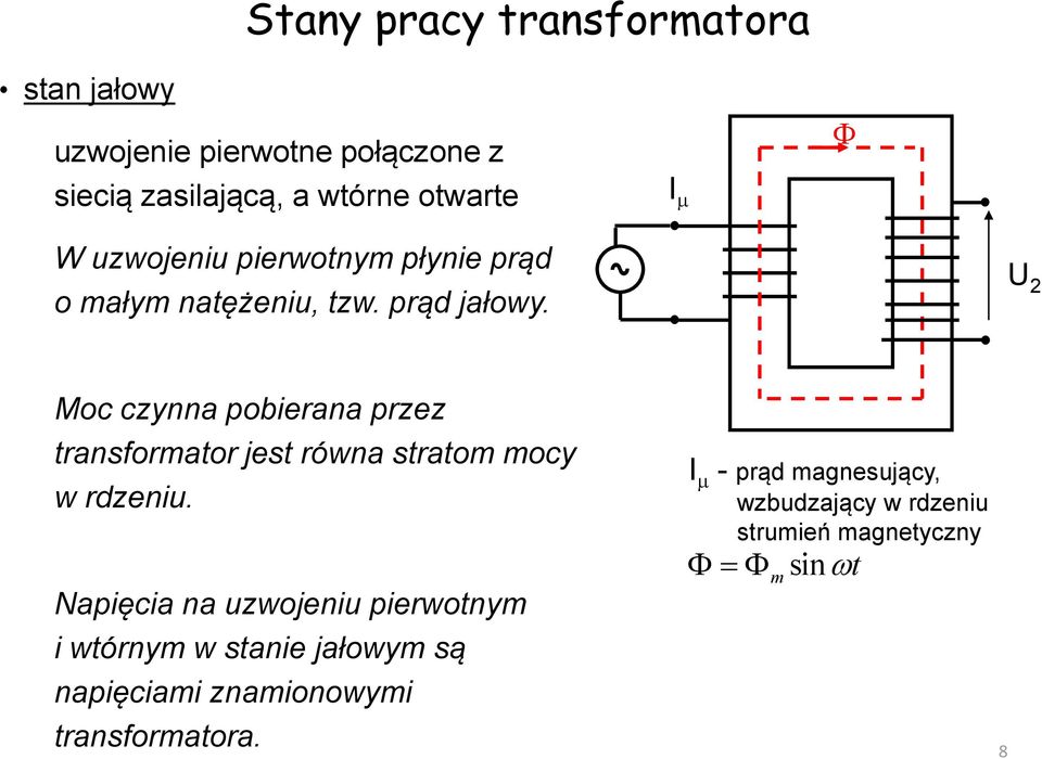 U 2 Moc czynna pobierana przez transformator jest równa stratom mocy w rdzeniu.