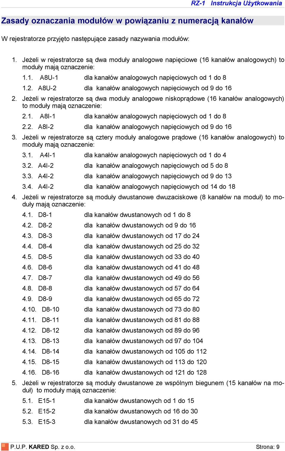 A8U-2 dla kanałów analogowych napięciowych od 9 do 16 2. Jeżeli w rejestratorze są dwa moduły analogowe niskoprądowe (16 kanałów analogowych) to moduły mają oznaczenie: 2.1. A8I-1 dla kanałów analogowych napięciowych od 1 do 8 2.