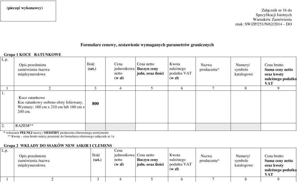 parametrów granicznych 1. Koce ratunkowe Koc ratunkowy srebrno-złoty foliowany.